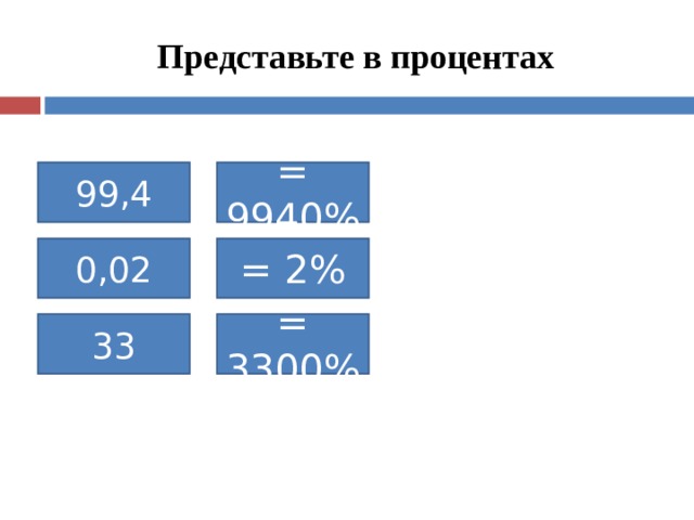 Представьте в процентах 99,4 = 9940% 0,02 = 2% 33 = 3300% 