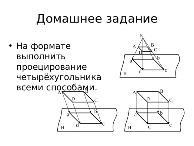 Домашнее задание S На формате выполнить проецирование четырёхугольника всеми способами. B A C D b а c d H B B A A D D C C b b а а c c d d H H 