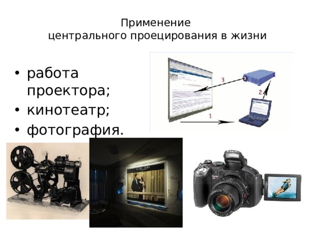 Применение  центрального проецирования в жизни работа проектора; кинотеатр; фотография. 