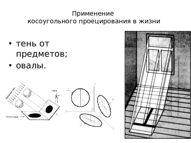 Применение  косоугольного проецирования в жизни тень от предметов; овалы. 