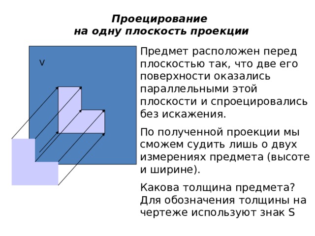 Проецирование  на одну плоскость проекции Предмет расположен перед плоскостью так, что две его поверхности оказались параллельными этой плоскости и спроецировались без искажения. По полученной проекции мы сможем судить лишь о двух измерениях предмета (высоте и ширине). Какова толщина предмета? Для обозначения толщины на чертеже используют знак S V 