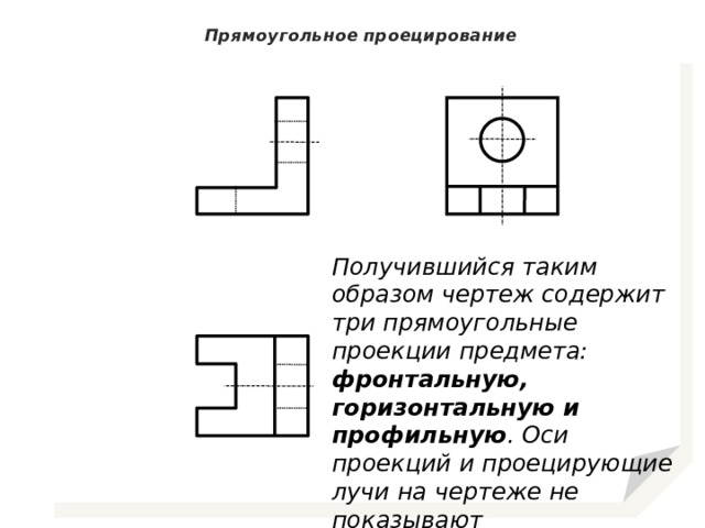 Прямоугольное проецирование Получившийся таким образом чертеж содержит три прямоугольные проекции предмета: фронтальную, горизонтальную и профильную . Оси проекций и проецирующие лучи на чертеже не показывают 