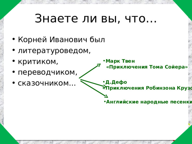 Знаете ли вы, что… Корней Иванович был литературоведом, критиком, переводчиком, сказочником… Марк Твен  «Приключения Тома Сойера» Д.Дефо «Приключения Робинзона Крузо» Английские народные песенки 