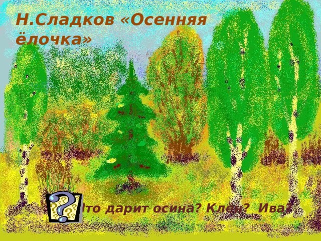 Н.Сладков «Осенняя ёлочка»  Что дарит осина? Клён? Ива? 