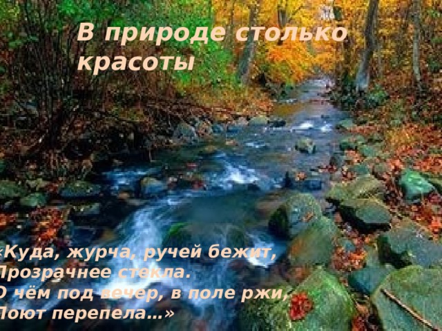 В природе столько красоты «Куда, журча, ручей бежит, Прозрачнее стекла. О чём под вечер, в поле ржи, Поют перепела…» 