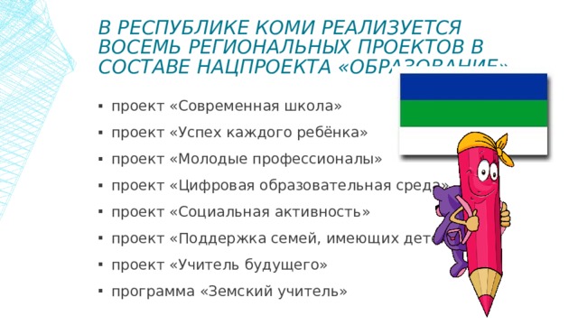 В Республике Коми реализуется восемь региональных проектов в составе нацпроекта «Образование». проект «Современная школа» проект «Успех каждого ребёнка» проект «Молодые профессионалы» проект «Цифровая образовательная среда» проект «Социальная активность» проект «Поддержка семей, имеющих детей» проект «Учитель будущего» программа «Земский учитель» 