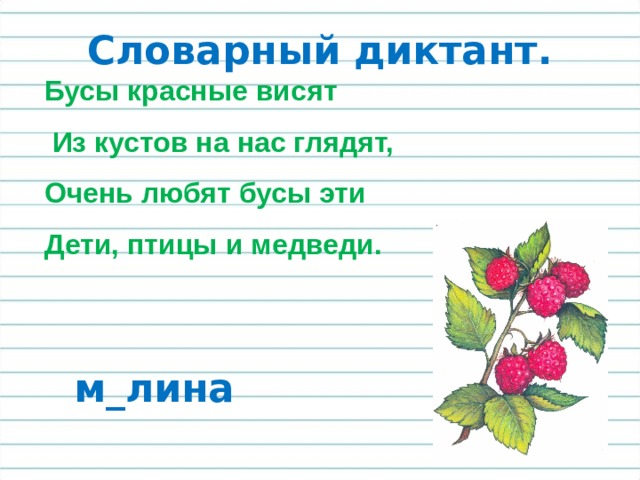 Словарный диктант. Бусы красные висят  Из кустов на нас глядят, Очень любят бусы эти Дети, птицы и медведи. м_лина 