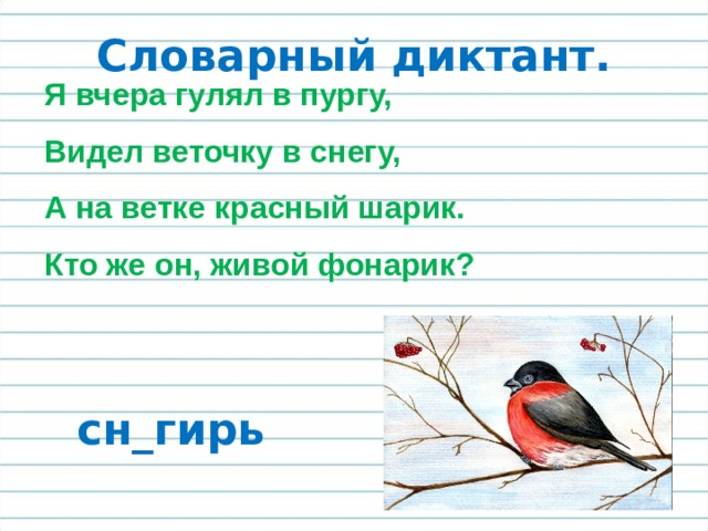 Словарный диктант. Я вчера гулял в пургу, Видел веточку в снегу, А на ветке красный шарик. Кто же он, живой фонарик? сн_гирь 