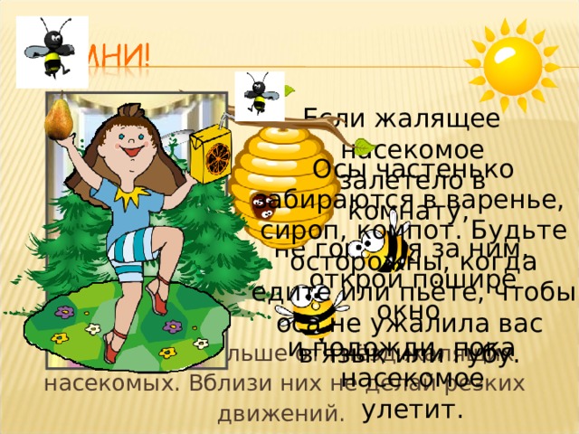 Если жалящее насекомое залетело в комнату, не гоняйся за ним, открой пошире окно и подожди, пока насекомое улетит. Осы частенько забираются в варенье, сироп, компот. Будьте осторожны, когда едите или пьёте, чтобы оса не ужалила вас в язык или губу. Держись подальше от гнёзд жалящих насекомых. Вблизи них не делай резких движений. 