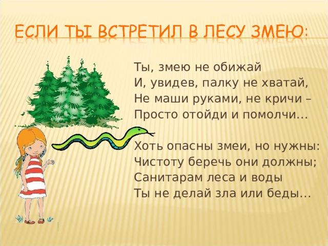 Ты, змею не обижай И, увидев, палку не хватай, Не маши руками, не кричи – Просто отойди и помолчи… Хоть опасны змеи, но нужны: Чистоту беречь они должны; Санитарам леса и воды Ты не делай зла или беды… 