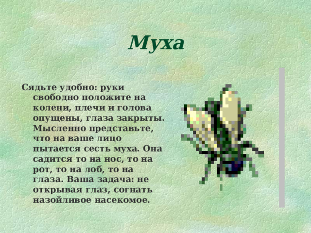 Муха Сядьте удобно: руки свободно положите на колени, плечи и голова опущены, глаза закрыты. Мысленно представьте, что на ваше лицо пытается сесть муха. Она садится то на нос, то на рот, то на лоб, то на глаза. Ваша задача: не открывая глаз, согнать назойливое насекомое. 