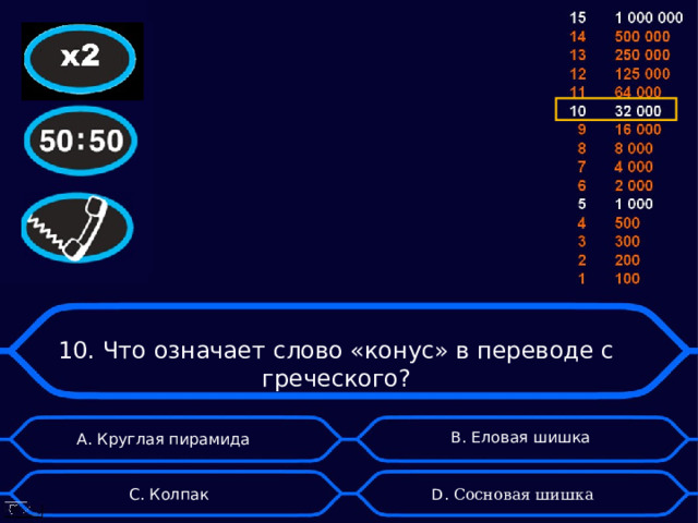  10. Что означает слово «конус» в переводе с греческого? B . Еловая шишка А. Круглая пирамида D . Сосновая шишка C . Колпак 