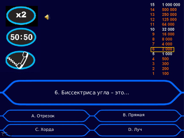 6. Биссектриса угла – это… А. Отрезок B . Прямая D . Луч C . Хорда 