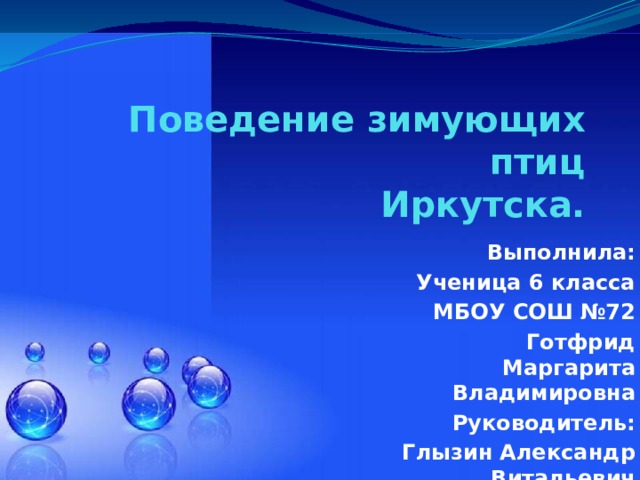 Поведение зимующих птиц  Иркутска. Выполнила: Ученица 6 класса МБОУ СОШ №72 Готфрид Маргарита Владимировна Руководитель: Глызин Александр Витальевич 
