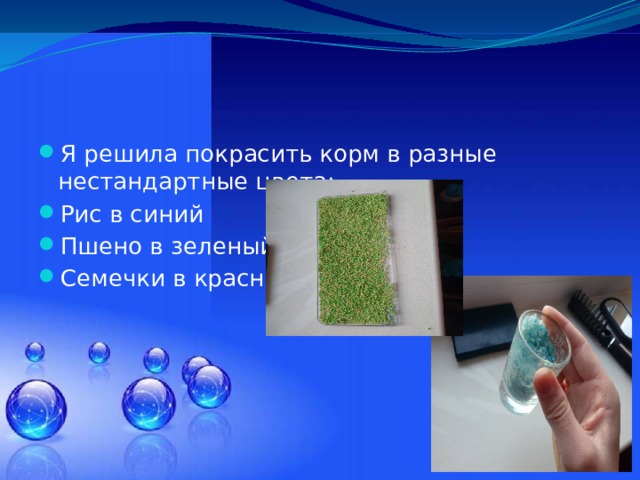 Я решила покрасить корм в разные нестандартные цвета: Рис в синий Пшено в зеленый Семечки в красный 
