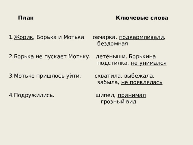   План  Ключевые слова  1. Жорик , Борька и Мотька. овчарка,  подкармливали ,  бездомная 2.Борька не пускает Мотьку. детёныши, Борькина  подстилка, не унимался 3.Мотьке пришлось уйти. схватила, выбежала,  забыла, не появлялась 4.Подружились. шипел, принимал  грозный вид 