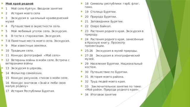Мой край родной 1  Моё село Куйтун. Вводное занятие 2  История моего села 3  Экскурсия в школьный краеведческий музей 4  Путешествие в окрестности села. 5  Мой любимый уголок села. Экскурсия. 6  В гости к старожилам. Экскурсия. 7-8  Памятные места моего села. Экскурсия. 9  Мои известные земляки. 10  Традиции села. 11  Конкурс фотографий «Моё село» 12  Ветераны войны в моём селе. Встреча с ветеранами войны 13  Экскурсия в церковь. 14  Фольклор семейских. 15  Конкурс рисунков, стихов о моём селе. 16  Конкурс знатоков «Знай и люби свою малую родину» 17  История Республики Бурятия. 18  Символы республики: герб, флаг, гимн. 19  Столица Бурятии. 20  Природа Бурятии. 21  Заповедники Бурятии. 22  Озеро Байкал. 23  Растения родного края. Экскурсия в природу. 24  Растения родного края, занесённые в Красную книгу. Просмотр презентации. 25-26  Экскурсия в музей природы. 27-28  Экскурсия в этнографический музей. 29  Население Бурятии. Национальный костюм. 30  Путешествие по Бурятии. 31  История моего района. 32  Труд людей моего края. 33  Заключительное занятие по теме: «Мой район. Природа родного края». 34  Итоговое занятие 