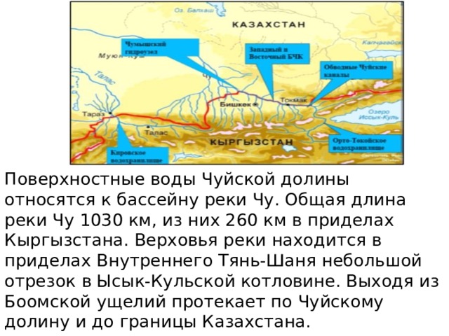 Поверхностные воды Чуйской долины относятся к бассейну реки Чу. Общая длина реки Чу 1030 км, из них 260 км в приделах Кыргызстана. Верховья реки находится в приделах Внутреннего Тянь-Шаня небольшой отрезок в Ысык-Кульской котловине. Выходя из Боомской ущелий протекает по Чуйскому долину и до границы Казахстана. 