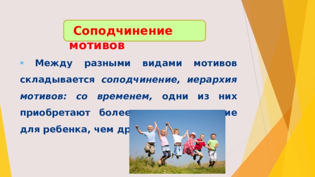  Соподчинение мотивов  Между разными видами мотивов складывается соподчинение, иерархия мотивов: со временем, одни из них приобретают более важное значение для ребенка, чем другие.  