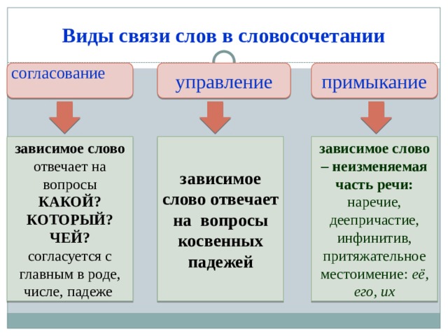Виды связи слов в словосочетании согласование управление примыкание зависимое слово отвечает на вопросы КАКОЙ? КОТОРЫЙ? ЧЕЙ? зависимое слово отвечает на вопросы зависимое слово – неизменяемая часть речи: наречие, деепричастие, инфинитив, притяжательное местоимение: её, его, их согласуется с главным в роде, числе, падеже косвенных падежей 