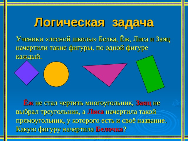 Логическая задача Ученики «лесной школы» Белка, Ёж, Лиса и Заяц начертили такие фигуры, по одной фигуре каждый.  Ёж не стал чертить многоугольник, Заяц не выбрал треугольник, а Лиса  начертила такой прямоугольник, у которого есть и своё название. Какую фигуру начертила Белочка ? 