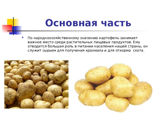  Основная часть По народнохозяйственному значению картофель занимает важное место среди растительных пищевых продуктов. Ему отводится большая роль в питании населения нашей страны, он служит сырьем для получения крахмала и для откорма скота. 