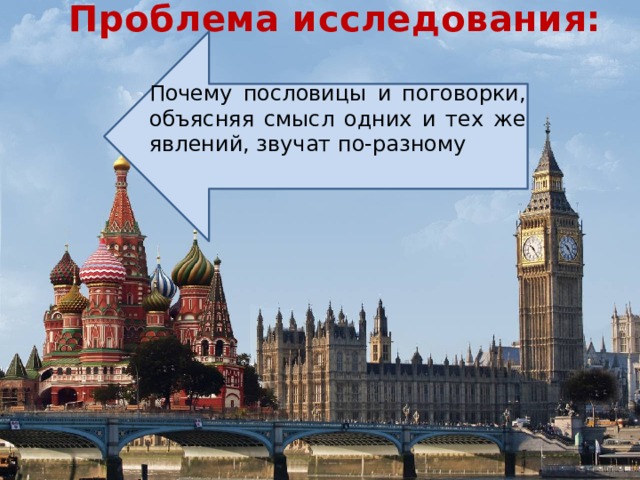 Проблема исследования:   Почему пословицы и поговорки, объясняя смысл одних и тех же явлений, звучат по-разному 