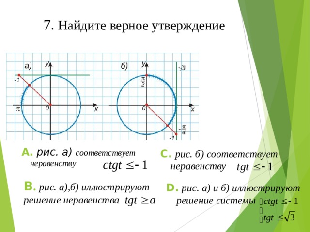 7. Найдите верное утверждение  А.  рис. а) соответствует  неравенству С.  рис. б) соответствует  неравенству  В .  рис. а),б) иллюстрируют решение неравенства D .  рис. а) и б) иллюстрируют  решение системы 