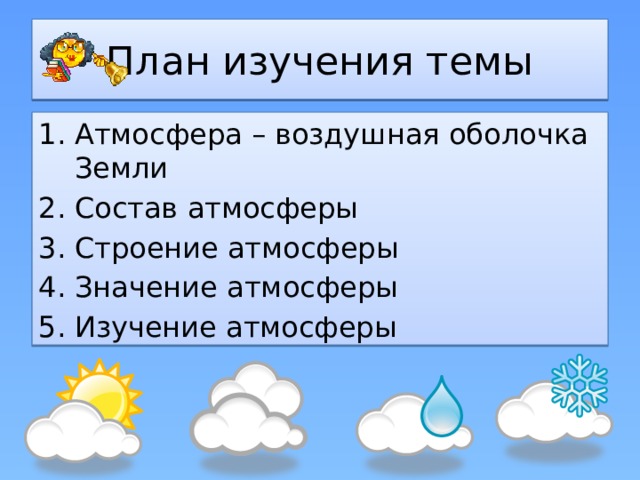 План изучения темы Атмосфера – воздушная оболочка Земли Состав атмосферы Строение атмосферы Значение атмосферы Изучение атмосферы 