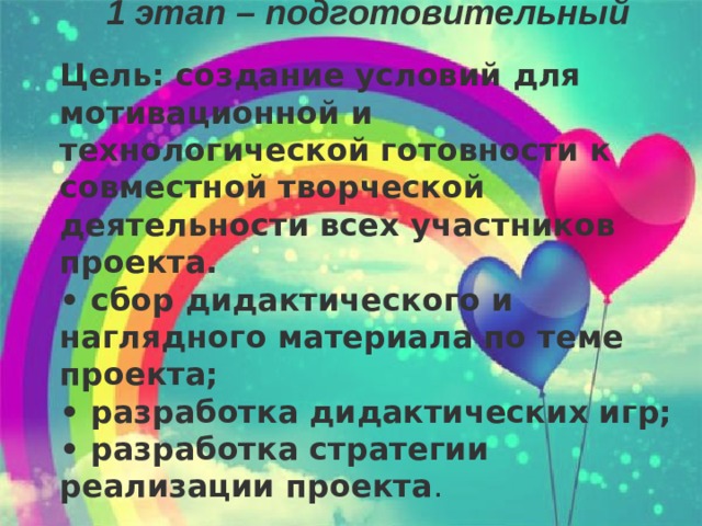 1 этап – подготовительный  Цель: создание условий для мотивационной и технологической готовности к совместной творческой деятельности всех участников проекта. • сбор дидактического и наглядного материала по теме проекта; • разработка дидактических игр; • разработка стратегии реализации проекта . 