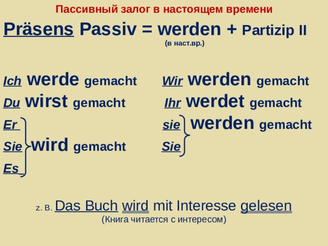  Пассивный залог в настоящем времени Präsens Passiv = werden + Partizip II  (в наст.вр.) Ich werde gemacht  Wir werden gemacht Du wirst gemacht  Ihr werdet gemacht Er  sie werden gemacht Sie  wird gemacht  Sie Es  z. B. Das Buch  wird mit Interesse gelesen (Книга читается с интересом) 
