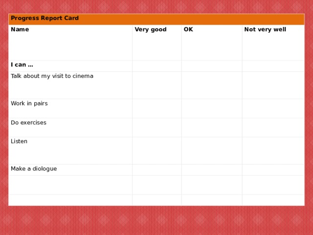 Progress Report Card Name Very good I can … OK   Talk about my visit to cinema Not very well     Work in pairs Do exercises       Listen         Make a diologue                               