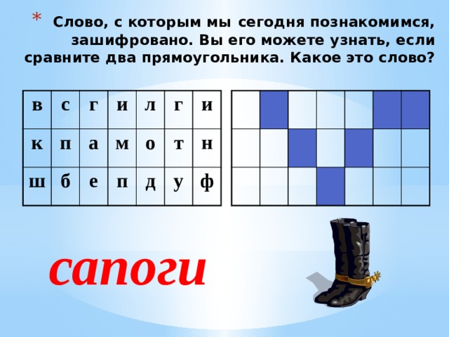 Слово, с которым мы  сегодня познакомимся, зашифровано. Вы его можете узнать, если сравните два прямоугольника. Какое это слово?
