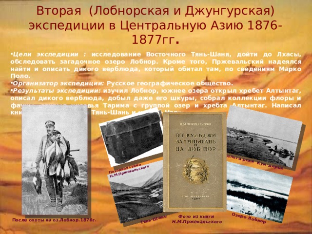 Дельта реки Кум-дарьи Тянь-Шань Озеро Лобнор Походная сумка Н.М.Пржевальского Вторая (Лобнорская и Джунгурская) экспедиции в Центральную Азию 1876-1877гг . Цели экспедиции : исследование Восточного Тянь-Шаня, дойти до Лхасы, обследовать загадочное озеро Лобнор. Кроме того, Пржевальский надеялся найти и описать дикого верблюда, который обитал там, по сведениям Марко Поло. Организатор экспедиции: Русское географическое общество. Результаты экспедиции: изучил Лобнор, южнее озера открыл хребет Алтынтаг, описал дикого верблюда, добыл даже его шкуры, собрал коллекции флоры и фауны, открыл низовья Тарима с группой озер и хребта Алтынтаг. Написал книгу «От Кульджи за Тянь-Шань и на Лоб-Нор» После охоты на оз.Лобнор.1876г . Фото из книги  Н.М.Пржевальского 