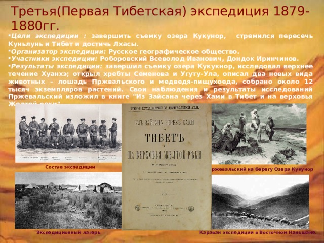 Третья(Первая Тибетская) экспедиция 1879-1880гг . Цели экспедиции : завершить съемку озера Кукунор, стремился пересечь Куньлунь и Тибет и достичь Лхасы. Организатор экспедиции: Русское географическое общество. Участники экспедиции: Роборовский Всеволод Иванович, Дондок Иринчинов. Результаты экспедиции: завершил съемку озера Кукукнор,  исследовал верхнее течение Хуанхэ; открыл хребты Семенова и Угуту-Ула, описал два новых вида животных – лошадь Пржвальского и медведя-пищухоеда, собрано около 12 тысяч экземпляров растений. Свои наблюдения и результаты исследований Пржевальский изложил в книге 