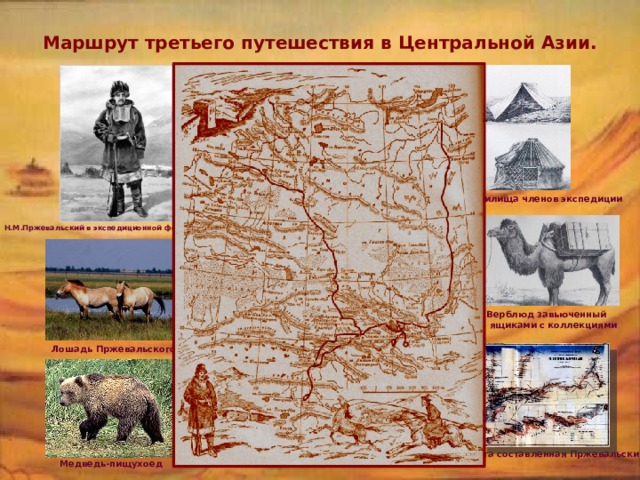 Маршрут третьего путешествия в Центральной Азии. Жилища членов экспедиции Н.М.Пржевальский в экспедиционной форме Верблюд завьюченный  ящиками с коллекциями Лошадь Пржевальского Карта составленная Пржевальским. Медведь-пищухоед 