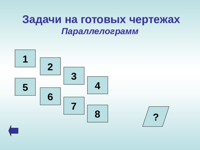   Задачи на готовых чертежах  Параллелограмм 1 2 3 4 5 6 7 8 ?  