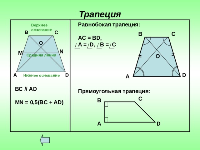 Трапеция Равнобокая трапеция:  АС = В D, A = D,  B = C       Прямоугольная трапеция:  Верхнее основание В С В С О N M = = O Средняя линия D А D Нижнее основание А ВС // А D  MN = 0,5(BC + AD) C B D A  