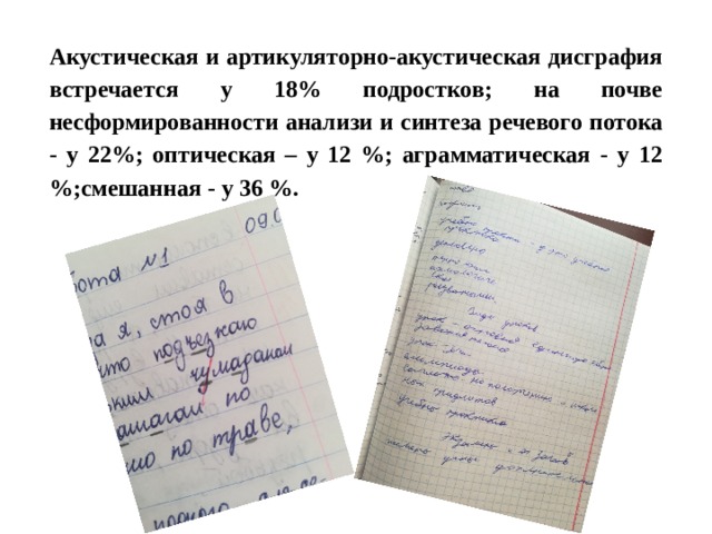 Акустическая и артикуляторно-акустическая дисграфия встречается у 18% подростков; на почве несформированности анализи и синтеза речевого потока - у 22%; оптическая – у 12 %; аграмматическая - у 12 %;смешанная - у 36 %. 