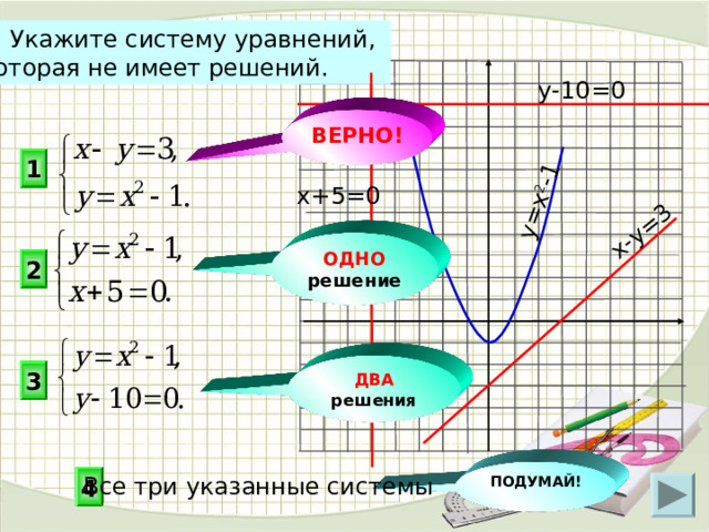 y=x 2 -1 x-y=3 2. Укажите систему уравнений, которая не имеет решений. y-10=0 ВЕРНО! 1 x+5=0 ОДНО решение 2 ДВА решения 3 ПОДУМАЙ! 4 Все три указанные системы 