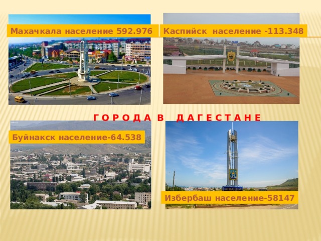 Махачкала население 592.976 Каспийск население -113.348  Г О Р О Д А В Д А Г Е С Т А Н Е Буйнакск население-64.538 Избербаш население-58147 