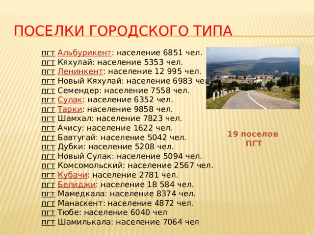 Поселки городского типа пгт   Альбурикент : население 6851 чел. пгт   Кяхулай: население 5353 чел. пгт   Ленинкент : население 12 995 чел. пгт   Новый Кяхулай: население 6983 чел. пгт   Семендер: население 7558 чел. пгт   Сулак : население 6352 чел. пгт   Тарки : население 9858 чел. пгт   Шамхал: население 7823 чел. пгт   Ачису: население 1622 чел. пгт   Бавтугай: население 5042 чел. пгт   Дубки: население 5208 чел. пгт   Новый Сулак: население 5094 чел. пгт   Комсомольский: население 2567 чел. пгт   Кубачи : население 2781 чел. пгт   Белиджи : население 18 584 чел. пгт   Мамедкала: население 8374 чел. пгт   Манаскент: население 4872 чел. пгт   Тюбе: население 6040 чел пгт   Шамилькала: население 7064 чел 19 поселов ПГТ 