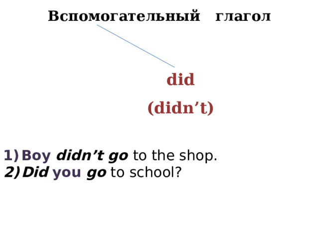 Вспомогательный глагол did  (didn’t) Boy  didn’t go to the shop. Did  you  go to school? 