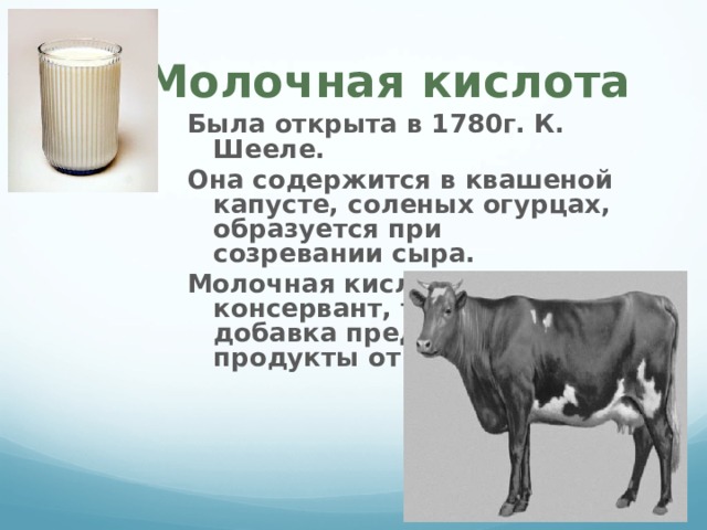 Молочная кислота Была открыта в 1780г. К. Шееле. Она содержится в квашеной капусте, соленых огурцах, образуется при созревании сыра. Молочная кислота – консервант, т. е. ее добавка предохраняет продукты от порчи. Была открыта в 1780г. К. Шееле. Она содержится в квашеной капусте, соленых огурцах, образуется при созревании сыра. Молочная кислота – консервант, т. е. ее добавка предохраняет продукты от порчи.  