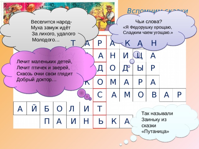 Вспомним сказки К.И. Чуковского  Веселится народ-  Муха замуж идёт  За лихого, удалого Молодого…  Чьи слова? «Я Федорушку прощаю, Сладким чаем угощаю.» Н А К А Р А Т Лечит маленьких детей,  Лечит птичек и зверей,  Сквозь очки свои глядит  Добрый доктор… П У Т А Н И Ц А Р Ы Д О Д О М Й К О М А Р А О Р В А М С А О Т И Л Б Й А Так называли Заиньку из сказки «Путаница» П А И Н Ь К А 
