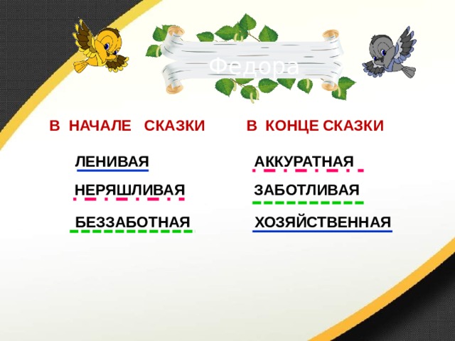 Федора В КОНЦЕ СКАЗКИ В НАЧАЛЕ СКАЗКИ ЛЕНИВАЯ АККУРАТНАЯ  НЕРЯШЛИВАЯ ЗАБОТЛИВАЯ ХОЗЯЙСТВЕННАЯ БЕЗЗАБОТНАЯ 