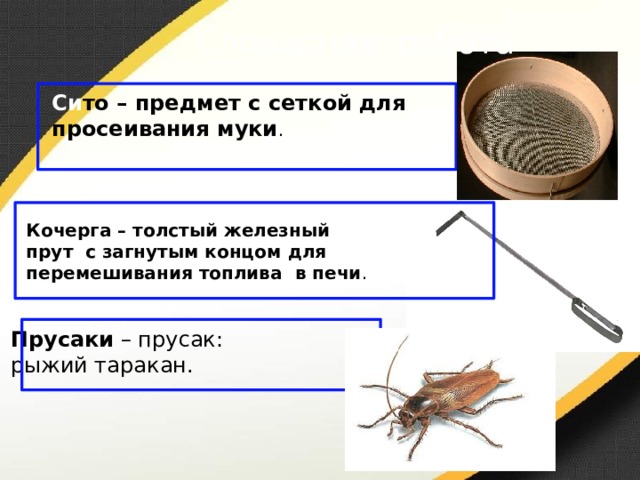Словарная работа Си то – предмет с сеткой для просеивания муки . Кочерга – толстый железный прут с загнутым концом для перемешивания топлива в печи . Прусаки – прусак: рыжий таракан. 