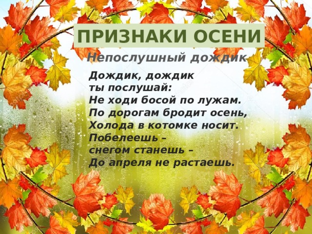 ПРИЗНАКИ ОСЕНИ Непослушный дождик Дождик, дождик ты послушай: Не ходи босой по лужам. По дорогам бродит осень, Холода в котомке носит. Побелеешь – снегом станешь – До апреля не растаешь. 