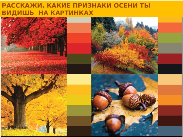 РАССКАЖИ, КАКИЕ ПРИЗНАКИ ОСЕНИ ТЫ ВИДИШЬ НА КАРТИНКАХ 