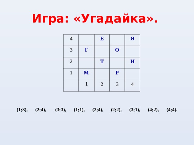 Игра: «Угадайка».     4      3 Е    Г    2       1   М Т О Я   1        2    И Р    3         4    (1;3), (2;4), (3;3), (1;1), (2;4), (2;2), (3;1), (4;2), (4;4). 